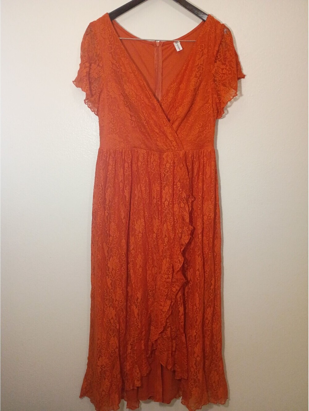 Forever Orange Lace Midi Dress with Ruffle Detail